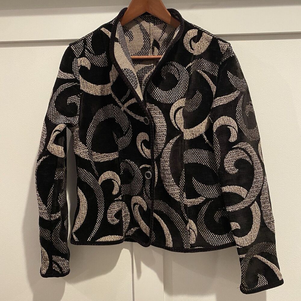 Khangura Jacket‎ Women Small Black Gray Reversible USA Art To Wear Tapestry Vtg